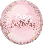 Anagram Orbz Foil Balloon- Happy Birthday pink, gold confetti