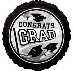 Anagram 18“ Round Foil Balloon- Congrats Grad, black and white