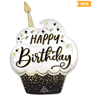 Anagram Happy Birthday Cupcake Supershape Foil Balloon- black, gold, white