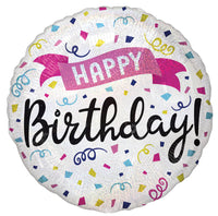 Anagram Round Holographic Foil Balloon- Happy Birthday pink, blue, yellow, navy confetti