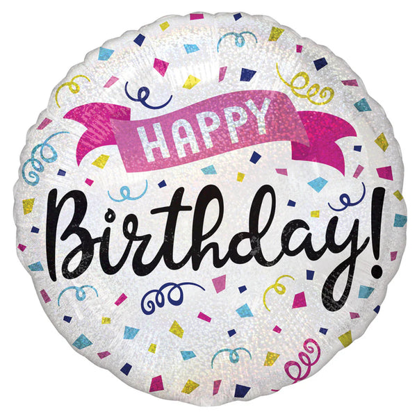 Anagram Round Holographic Foil Balloon- Happy Birthday pink, blue, yellow, navy confetti