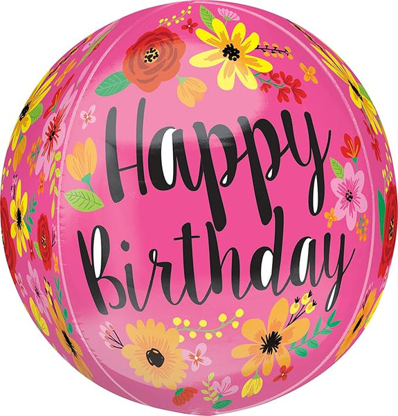 Anagram Orbz Foil Balloon- Happy Birthday pink flowers