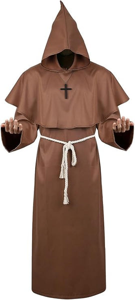 Medieval Hooded Cap Cloak Renaissance Priest Robe Men Halloween Fancy Dress Monk Costume