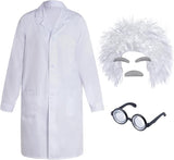 Mad Scientist Costume Set Old Man Curly Wig White Lab Coat Glasses Mustache Eyebrows for Grandpa Halloween Cosplay