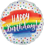 Anagram Round Foil Balloon- Happy Birthday rainbow polka dots