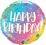 Qualatex 18” Round Foil Balloon- Happy Birthday ombré rainbow dots and sprinkles