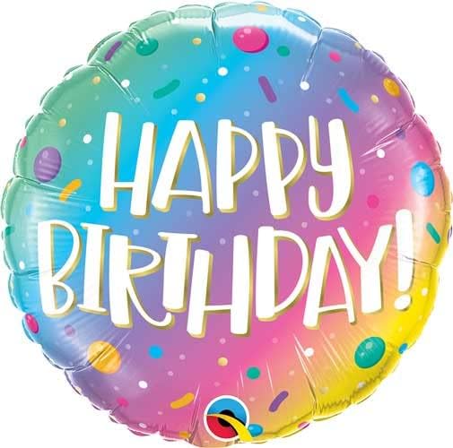 Qualatex 18” Round Foil Balloon- Happy Birthday ombré rainbow dots and sprinkles