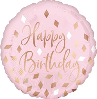 Anagram Round Foil Balloon- Happy Birthday Pink Gold Diamond Confetti