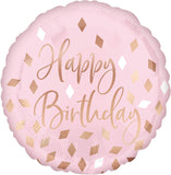 Anagram Round Foil Balloon- Happy Birthday Pink Gold Diamond Confetti