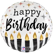 Betallic Round Foil Balloon- Happy Birthday black candles