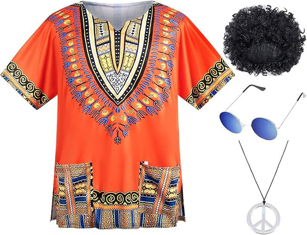 Hippie Costume for Mens 60s 70s T-Shirt Afro Wig Accessories set