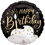 Anagram Round Foil Balloon- Happy Birthday, icing with candle, black, gold, white