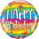 Qualatex 18“ Round Foil Balloon, Happy Birthday Rainbow Stripes