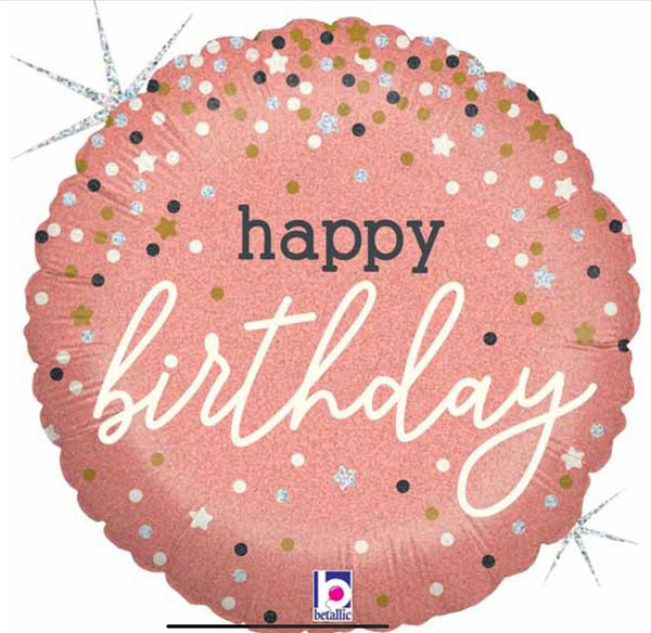 Betallic Round Holographic Foil Balloon- Happy Birthday Rose Gold with Confetti