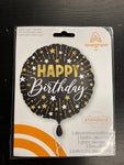 Anagram Round Foil Balloon- Elegant Happy Birthday Black, Gold and White Stars
