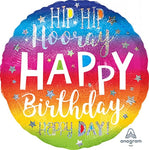 Anagram Round Foil Balloon - Happy Birthday Hip Hip Hooray Holographic Rainbow Ombré