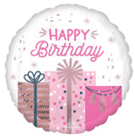 Anagram Round Foil Balloon- Pink Presents Happy Birthday