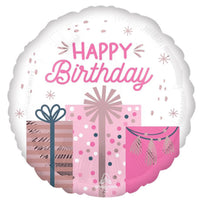 Anagram Round Foil Balloon- Pink Presents Happy Birthday