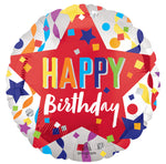 Anagram Round Foil Balloon- Happy Birthday with Red Star and Confetti