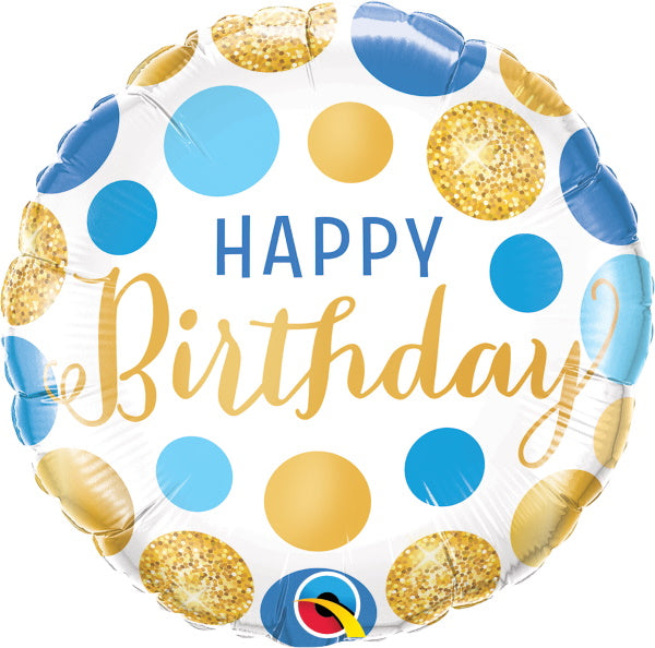 Pioneer Balloon Co Happy Birthday BLUE & GOLD DOTS 18" foil balloon