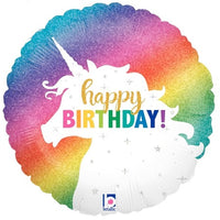 Betallic 18” Round Holographic Foil Balloon- Happy Birthday glitter Rainbow Unicorn