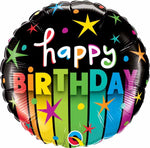 Qualatex 18“ Round Foil Balloon- Happy Birthday Colorful Rainbow Stripes and Stars