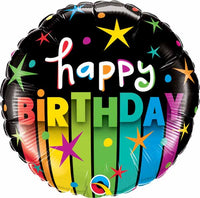 Qualatex 18“ Round Foil Balloon- Happy Birthday Colorful Rainbow Stripes and Stars